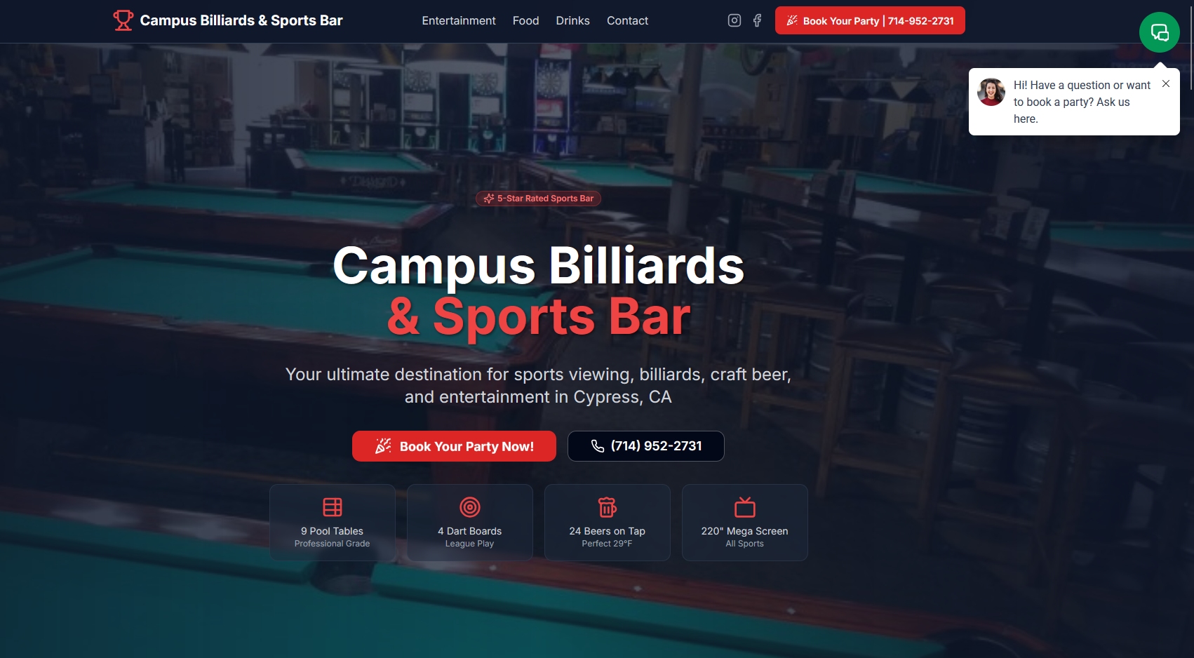 Campus Billiards website screenshot