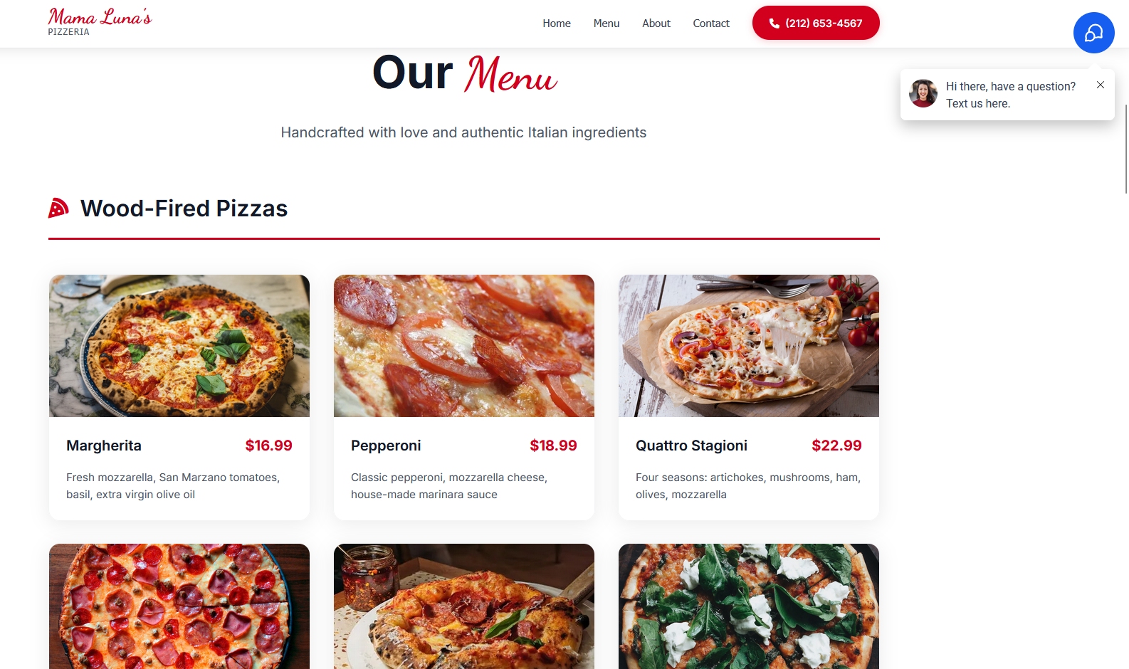 Mama Luna's Pizza website screenshot